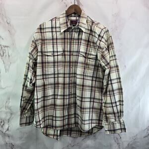 Roper Shirt Mens Large Tan Pearl Snap Button Plaid Blue Western Long Sleeve